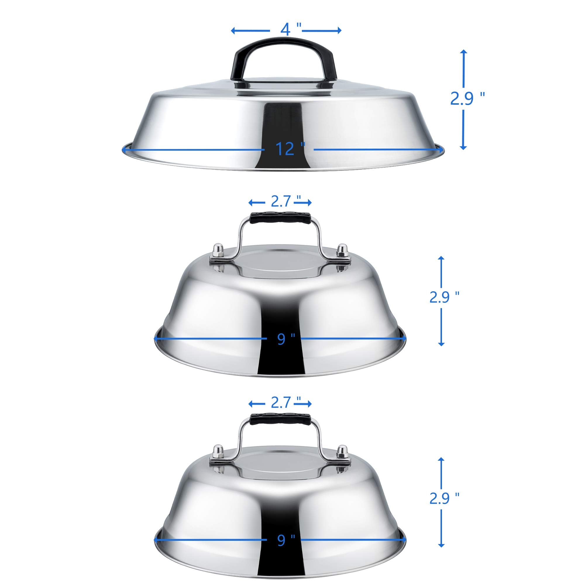 Professional Melting Dome Lid Set of 3  Leonyo 12''- 9'' Metal Steam Basting Cover for Griddle Grill Top  Stainless Steel Griddle Accessories for BBQ Flat Top Kitchen Cooking Burger Cheese  Heat Proof